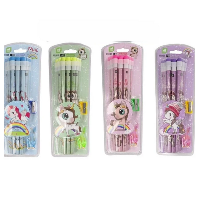 Unicorn Stationery Set | 12 HB Pencils, Sharpener, Eraser & Pencil Cap