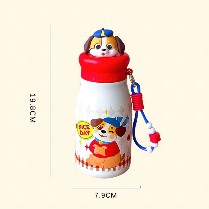 Cute Animal Kids Water Bottle – 450ml Leakproof Stainless Steel Bottle with Carry Strap for School & Travel
