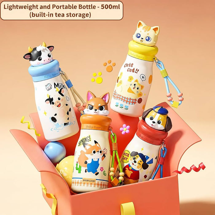 Cute Animal Kids Water Bottle – 450ml Leakproof Stainless Steel Bottle with Carry Strap for School & Travel