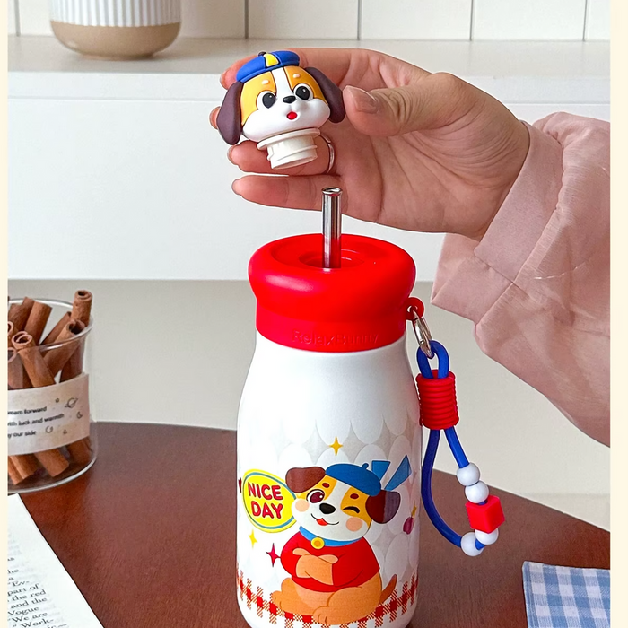 Cute Animal Kids Water Bottle – 450ml Leakproof Stainless Steel Bottle with Carry Strap for School & Travel