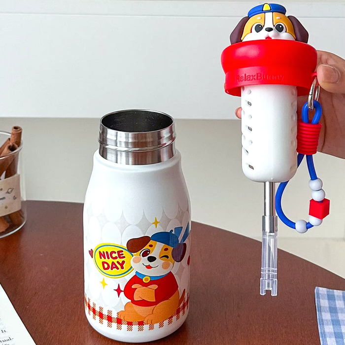 Cute Animal Kids Water Bottle – 450ml Leakproof Stainless Steel Bottle with Carry Strap for School & Travel